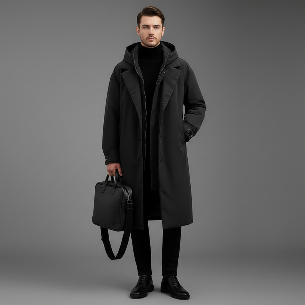 Men's Waterproof Puffer Trench Coat | Long Hooded Jacket