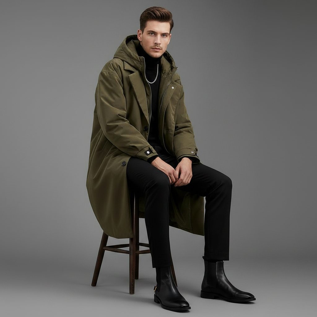 Men's Waterproof Puffer Trench Coat | Long Hooded Jacket