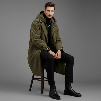 Men's Waterproof Puffer Trench Coat | Long Hooded Jacket